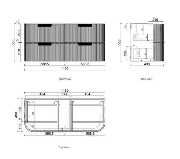 Havana Fluted 600mm-1800mm Sable Walnut Wall Hung Curve Vanity