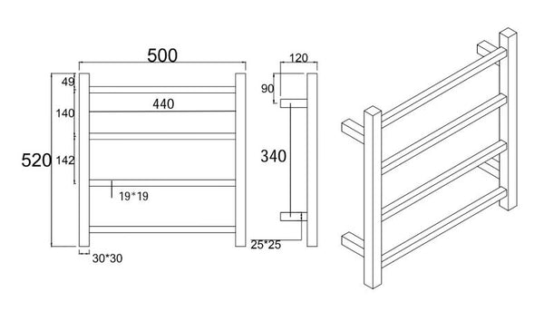 Cubo Chrome 500 Square 4 Bar Heated Towel Rail