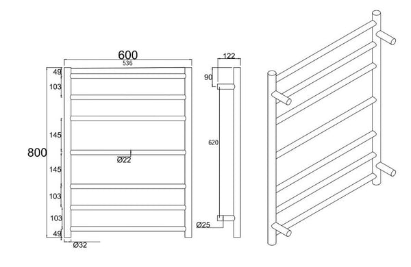 Rondo Chrome 600 Round 7 Bars Heated Towel Ladder