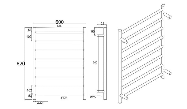 Rondo Chrome 600 Round 8 Bars Heated Towel Ladder