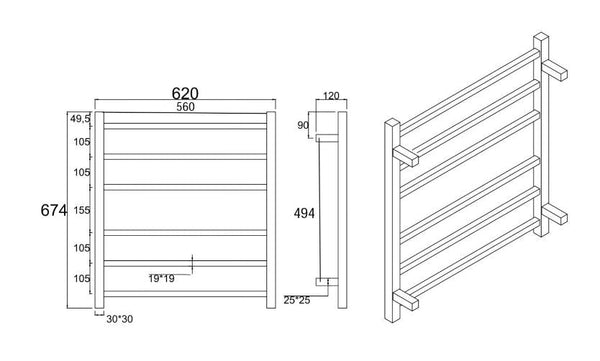 Cubo Brushed Nickel 620 Square 6 Bar Heated Towel Rail
