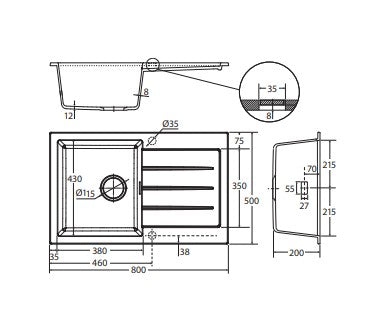Black 800 Single 32L Granite Kitchen Sink with Drainer