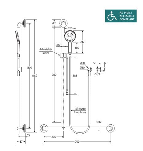 Hustle Care Inverted T Rail Shower with Push/Pull Slider