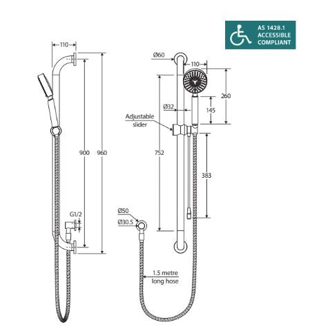 Stella Care Rail Shower with Push/Pull Slider