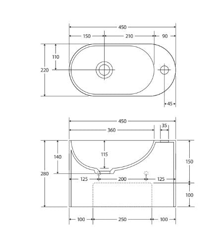 Ari 450 x 220 Cast Stone Wall Basin, 1 Tap Hole