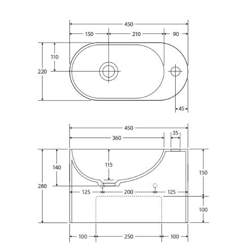 Ari 450 x 220 Cast Stone Wall Basin, No Tap Hole