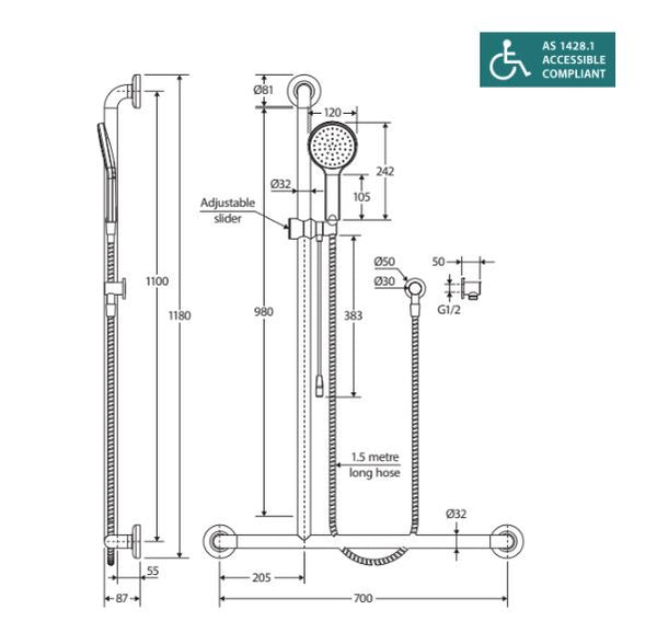 Luciana Care Inverted T Rail Shower with Push/Pull Slider