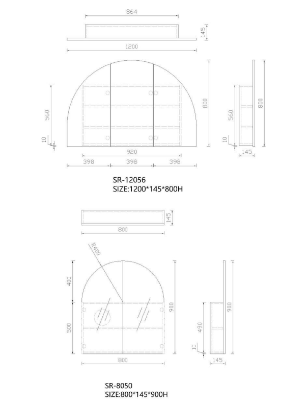 NEW - HALF MOON SHAVING CABINET 1200X800 or 800X900