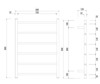 Mirage 6 Bar 600mm x 800mm  Wide Heated Towel Rail