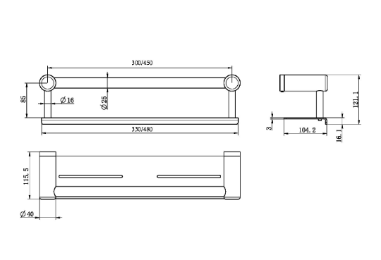 MECCA Care Brushed Bronze Grab rail With Shelf 300/450mm
