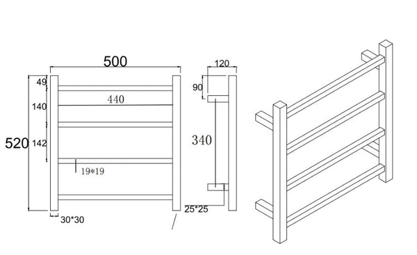 Cubo Chrome 500 Square 4 Bar Heated Towel Rail