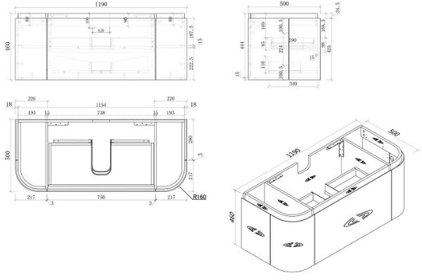 Milan 900-1500mm Curved Vanity