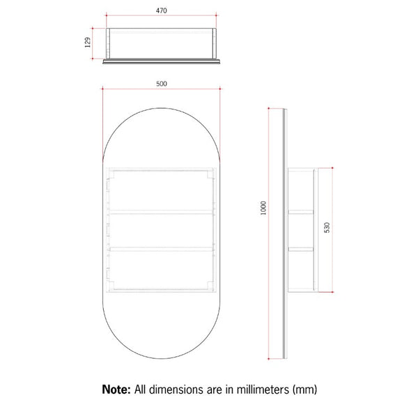 Oval 500 x 1000 Matte White Mirror Cabinet