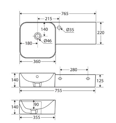 Petit 765 x 355 Square Wall Basin, Right Edge, No Tap Hole