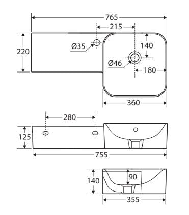 Petit 765 x 355 Square Wall Basin, Left Edge, 1 Tap Hole