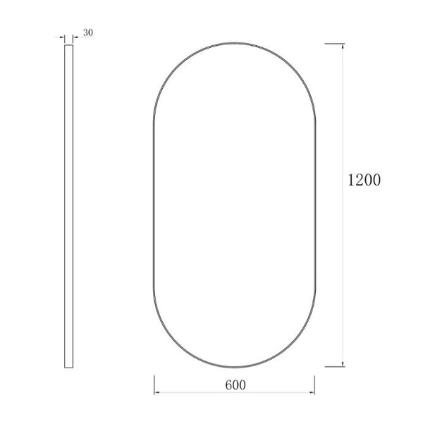Oval 600 x 1200 Matte Black Mirror