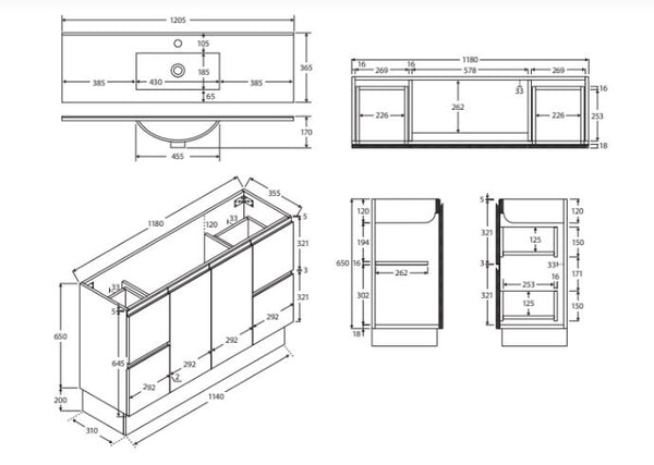 Sammy Narrow Matte White 1200mm Floorstanding Vanity