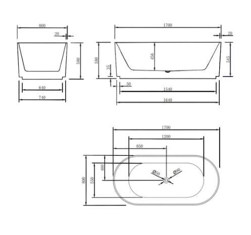 Lincoln Fluted Oval Matte White 1500-1700mm Freestanding Bath