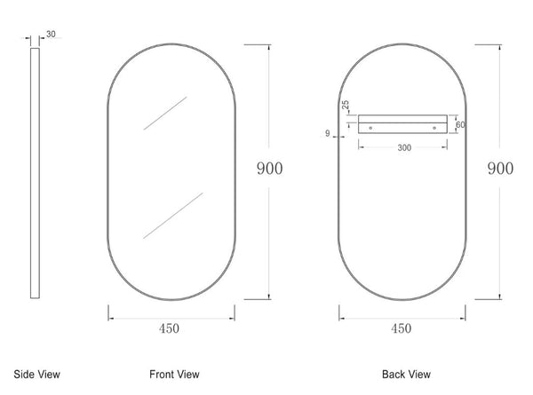 Oval 450 x 900 Matte Black Mirror