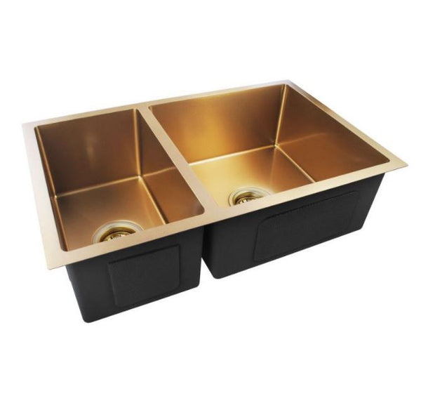 Select 710 Brushed Yellow Gold Handmade Round Corners Double Bowls Sink