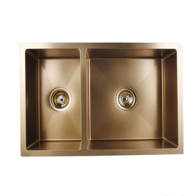 Select 710 Brushed Yellow Gold Handmade Round Corners Double Bowls Sink