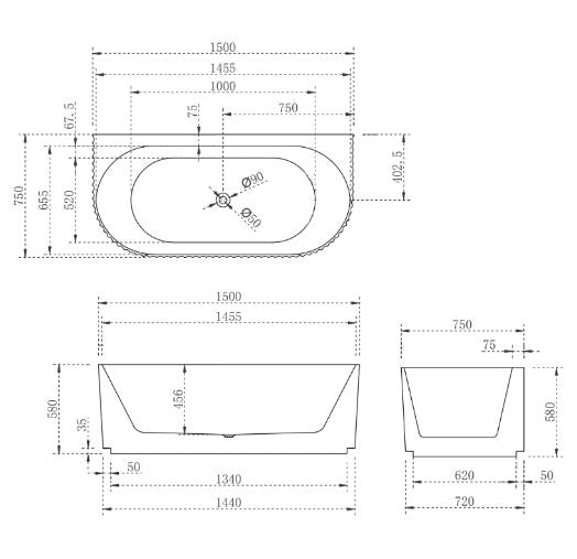 Lincoln Fluted Oval Matte White 1500-1700mm Back To Wall Bath