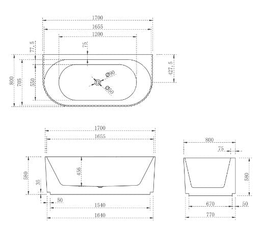 Lincoln Fluted Oval Matte White 1500-1700mm Back To Wall Bath