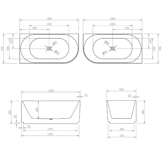Lincoln Fluted Oval Matte White 1500mm-1700mm Corner Freestanding Bath
