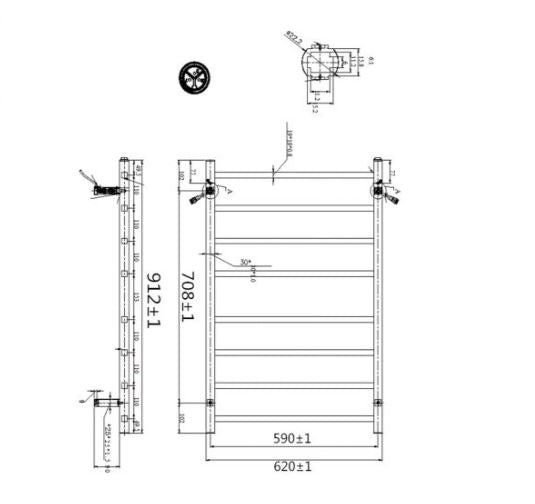 Cubo Black 620 Square 8 Bar Heated Towel Rail