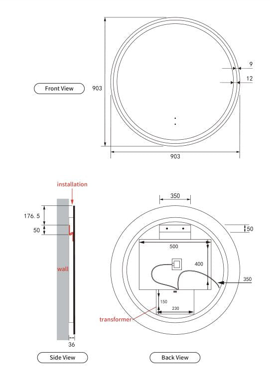 Round 900mm Gunmetal Framed LED Mirror