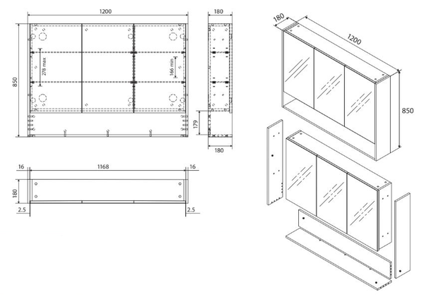 White Undershelf Mirror Cabinet 750mm-120mm