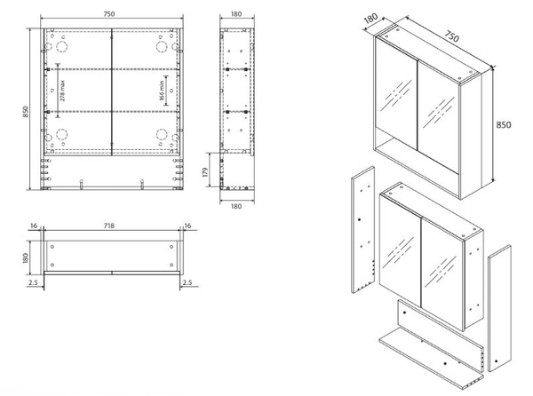 White Undershelf Mirror Cabinet 750mm-120mm