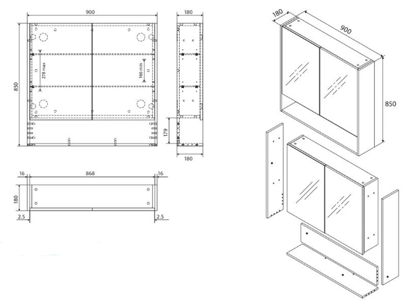 White Undershelf Mirror Cabinet 750mm-120mm