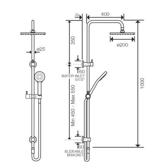 Axus Pin Brushed Nickle shower column with handshower set (top diverter)