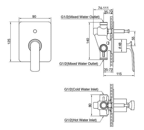 Synergii Shower or Bath Mixer with Diverter Button - Gunmetal