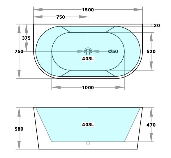 Ecco Black Back To Wall Bath-1500mm