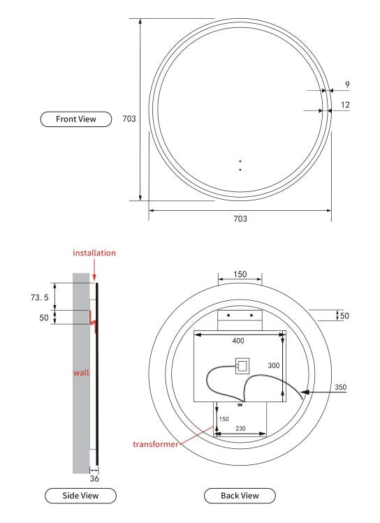 Round 700mm Gunmetal Framed LED Mirror