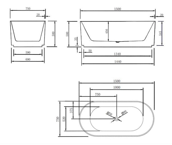 Lincoln Fluted Oval Matte White 1500-1700mm Freestanding Bath