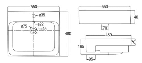 Gemelli 550 Semi Recessed basin 1TH