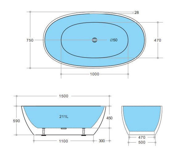 Leslie 1500mm Matte Black Freestanding Bath