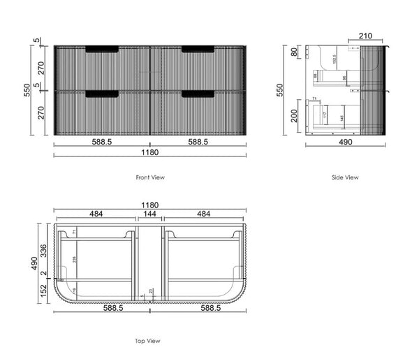 Havana Fluted 600mm-1800mm Woodland Oak Wall Hung Curve Vanity