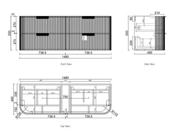 Havana Fluted 600mm-1800mm Woodland Oak Wall Hung Curve Vanity
