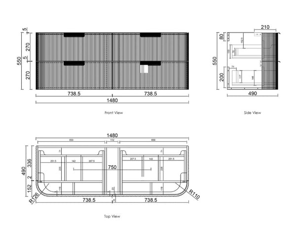 Havana Fluted 600mm-1800mm Sable Walnut Wall Hung Curve Vanity