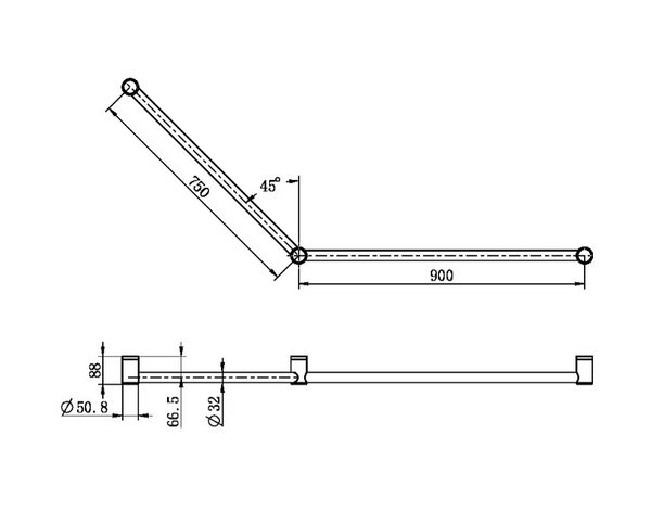 MECCA Care 750x900mm Chrome DDA Grab Rail 45 Degree 32mm