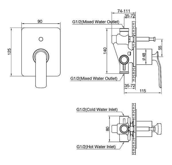 Synergii shower or bath mixer with diverter button - 7 Colours