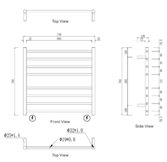 Mirage 8 Bar 750mmx700mm Wide Heated Towel Rail