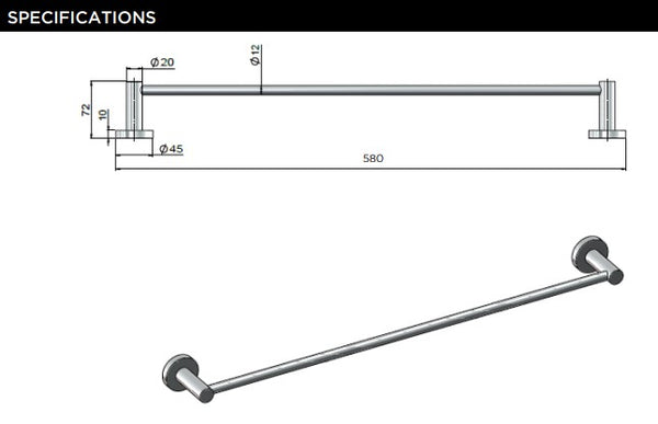 Meir Round Single Towel Rail 600mm and 900mm