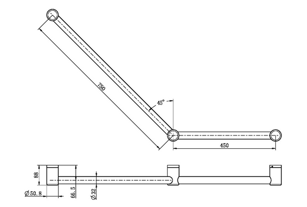 MECCA Care 750x450mm Brushed Bronze Ambulant Toilet Grab Rail 45 Degree 32mm