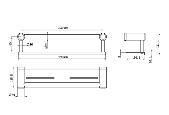 MECCA Care Brushed Brass Grab rail With Shelf 300/450mm