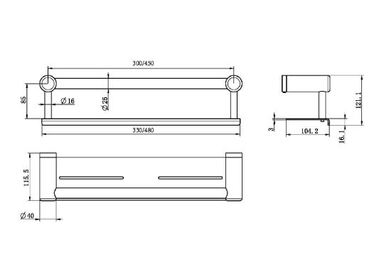 MECCA Care Gun Metal Grab rail With Shelf 300/450mm